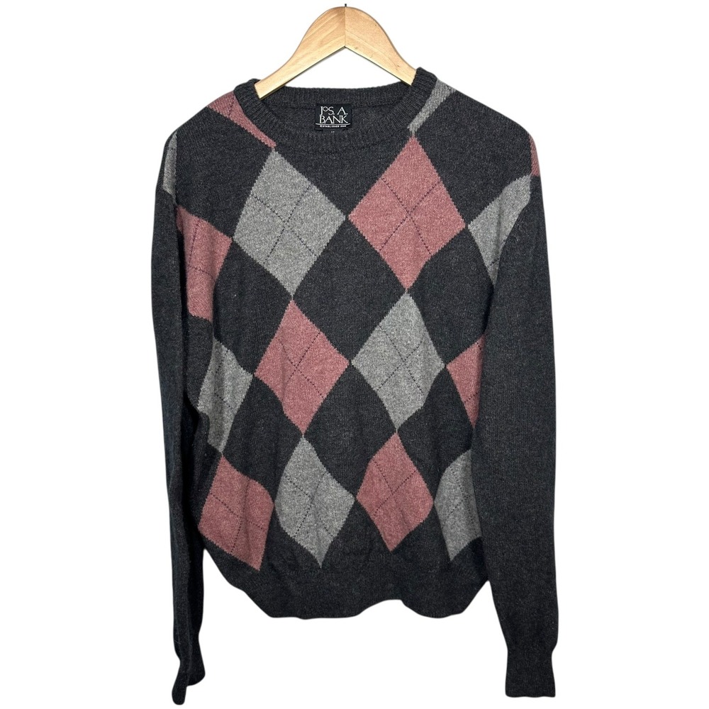 Vtg 90s Argyle 100% Lambswool Sweater L Pink Gray Preppy Academia Grunge Grandpa